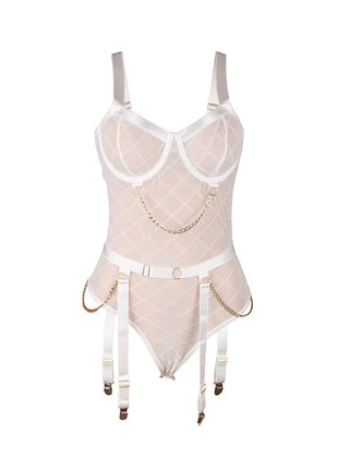 SUBBLIME - 954291 BODY MIT KETTEN + STRUMPFGÜRTEL WEISS L/XL - Sexy Dessous-Set
