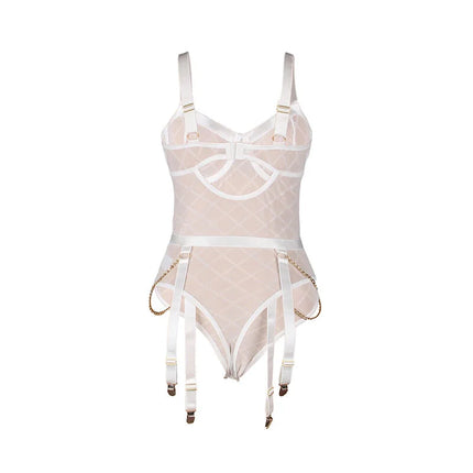 SUBBLIME - 954291 BODY MIT KETTEN + STRUMPFGÜRTEL WEISS L/XL - Sexy Dessous-Set