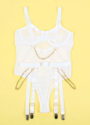 SUBBLIME - 954291 BODY MIT KETTEN + STRUMPFGÜRTEL WEISS L/XL - Sexy Dessous-Set