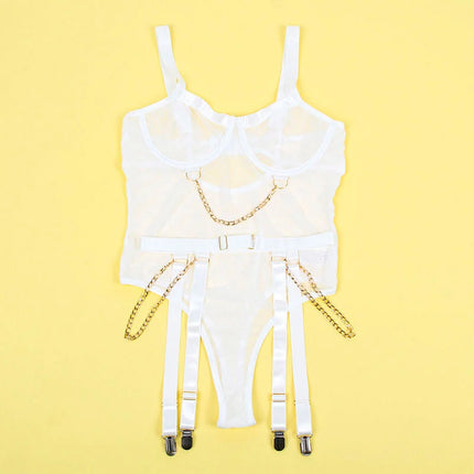 SUBBLIME - 954291 BODY MIT KETTEN + STRUMPFGÜRTEL WEISS L/XL - Sexy Dessous-Set
