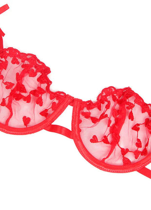 SUBBLIME - 954321 BH + STRING + STRUMPFGÜRTEL MIT HERZDRUCK ROT S/M - Sexy Dessous-Set