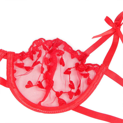 SUBBLIME - 954321 BH + STRING + STRUMPFGÜRTEL MIT HERZDRUCK ROT S/M - Sexy Dessous-Set