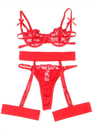 SUBBLIME - 954338 BH + STRING + STRUMPFGÜRTEL MIT HERZDRUCK ROT L/XL - Sexy Dessous-Set