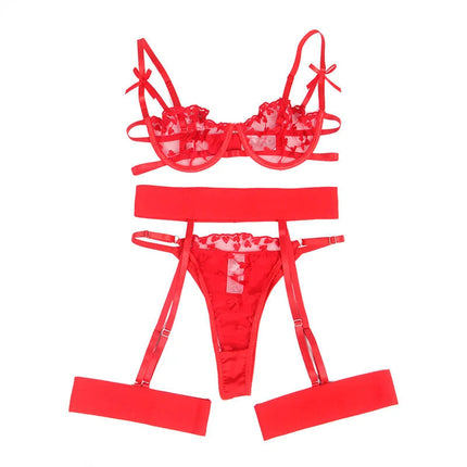 SUBBLIME - 954338 BH + STRING + STRUMPFGÜRTEL MIT HERZDRUCK ROT L/XL - Sexy Dessous-Set
