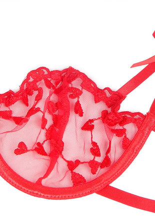 SUBBLIME - 954338 BH + STRING + STRUMPFGÜRTEL MIT HERZDRUCK ROT L/XL - Sexy Dessous-Set