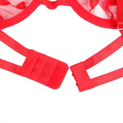 SUBBLIME - 954338 BH + STRING + STRUMPFGÜRTEL MIT HERZDRUCK ROT L/XL - Sexy Dessous-Set