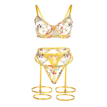SUBBLIME - 954345 BH + STRING + STRUMPFGÜRTEL BLUMENDESIGN GELB S/M - Sexy Dessous-Set