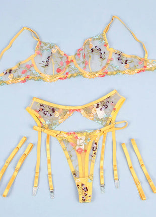SUBBLIME - 954345 BH + STRING + STRUMPFGÜRTEL BLUMENDESIGN GELB S/M - Sexy Dessous-Set