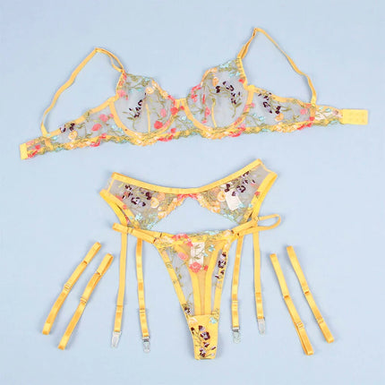 SUBBLIME - 954345 BH + STRING + STRUMPFGÜRTEL BLUMENDESIGN GELB S/M - Sexy Dessous-Set