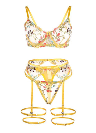 SUBBLIME - 954352 BH + STRING + STRUMPFGÜRTEL BLUMENDESIGN GELB L/XL - Sexy Dessous-Set