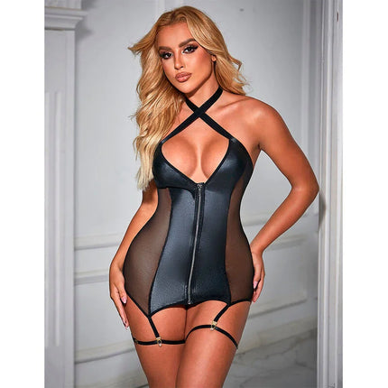 SUBBLIME - 954444 SEXY MESH KLEID LEDER SCHWARZ S/M