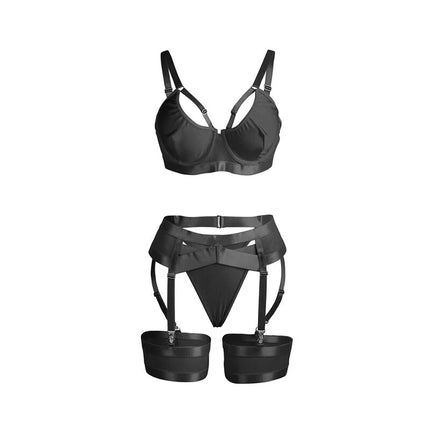 SUBBLIME - 955243 SCHWARZER BONDAGE-BH MIT STRUMPFBAND-SET L/XL - Sexy Dessous-Set