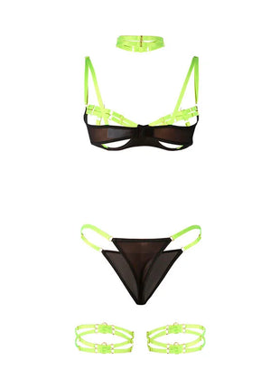 SUBBLIME - 955274 BH-SET MIT HALSKETTE UND BEINDETAILS FLUORESZIERENDES GRÜN S/M - Sexy Dessous-Set