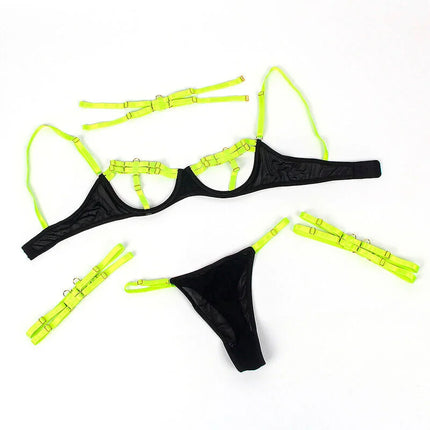 SUBBLIME - 955274 BH-SET MIT HALSKETTE UND BEINDETAILS FLUORESZIERENDES GRÜN S/M - Sexy Dessous-Set