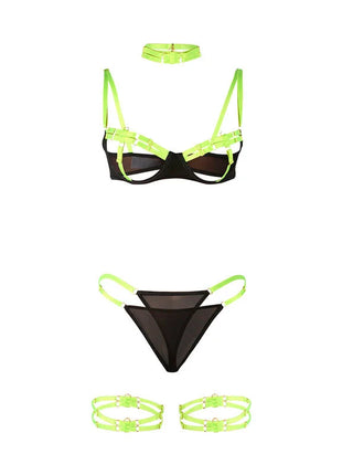 SUBBLIME - 955281 BH-SET MIT HALSKETTE UND BEINDETAILS FLUORESZIERENDES GRÜN L/XL - Sexy Dessous-Set