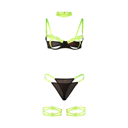 SUBBLIME - 955281 BH-SET MIT HALSKETTE UND BEINDETAILS FLUORESZIERENDES GRÜN L/XL - Sexy Dessous-Set