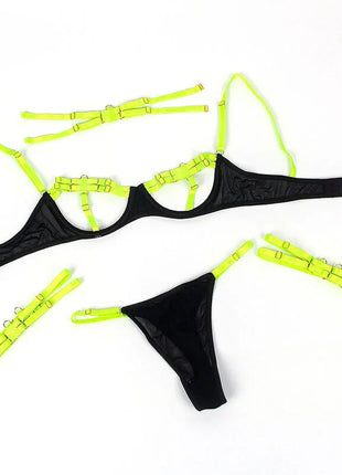 SUBBLIME - 955281 BH-SET MIT HALSKETTE UND BEINDETAILS FLUORESZIERENDES GRÜN L/XL - Sexy Dessous-Set