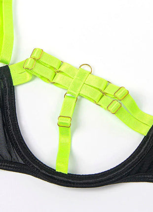 SUBBLIME - 955281 BH-SET MIT HALSKETTE UND BEINDETAILS FLUORESZIERENDES GRÜN L/XL - Sexy Dessous-Set