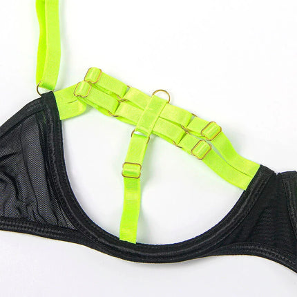 SUBBLIME - 955281 BH-SET MIT HALSKETTE UND BEINDETAILS FLUORESZIERENDES GRÜN L/XL - Sexy Dessous-Set