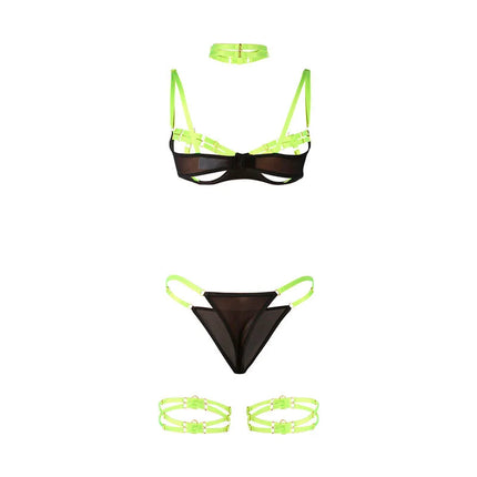 SUBBLIME - 955281 BH-SET MIT HALSKETTE UND BEINDETAILS FLUORESZIERENDES GRÜN L/XL - Sexy Dessous-Set