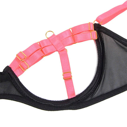 SUBBLIME - 955298 BH-SET MIT HALSKETTE UND BEINDETAILS FLUORESZIERENDES ROSA S/M - Sexy Dessous-Set