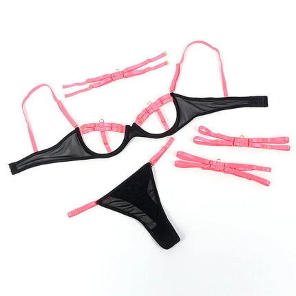 SUBBLIME - 955298 BH-SET MIT HALSKETTE UND BEINDETAILS FLUORESZIERENDES ROSA S/M - Sexy Dessous-Set