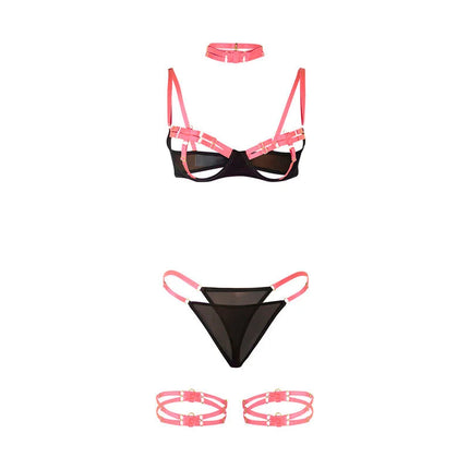 SUBBLIME - 955298 BH-SET MIT HALSKETTE UND BEINDETAILS FLUORESZIERENDES ROSA S/M - Sexy Dessous-Set