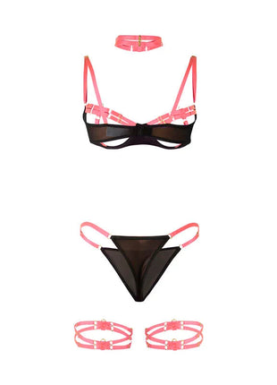 SUBBLIME - 955304 BH-SET MIT HALSKETTE UND BEINDETAILS FLUORESZIERENDES ROSA L/XL - Sexy Dessous-Set