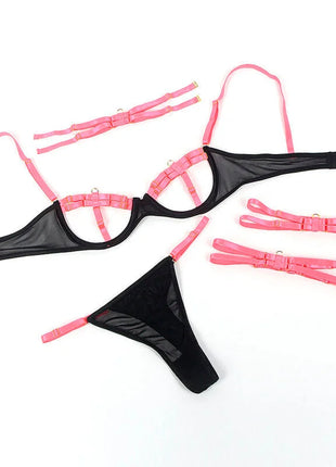 SUBBLIME - 955304 BH-SET MIT HALSKETTE UND BEINDETAILS FLUORESZIERENDES ROSA L/XL - Sexy Dessous-Set