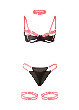 SUBBLIME - 955304 BH-SET MIT HALSKETTE UND BEINDETAILS FLUORESZIERENDES ROSA L/XL - Sexy Dessous-Set