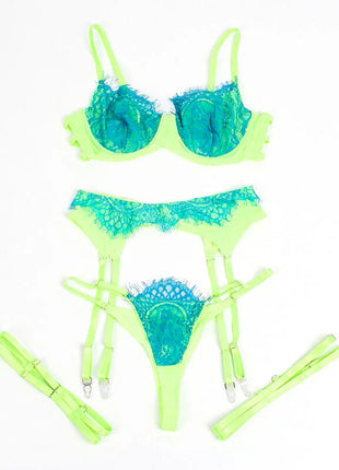 SUBBLIME - 955328 BH-SET MIT SPITZE UND STRUMPFBAND GRÜN UND BLAU L/XL - Strumpfband Set