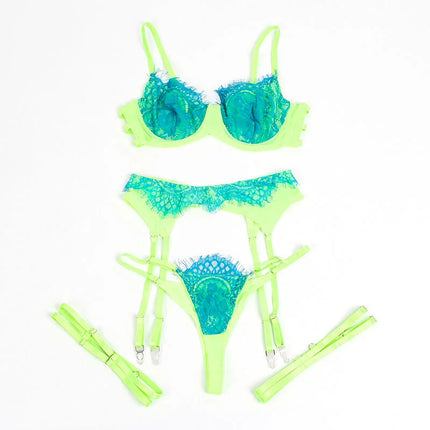 SUBBLIME - 955328 BH-SET MIT SPITZE UND STRUMPFBAND GRÜN UND BLAU L/XL - Strumpfband Set