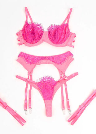 SUBBLIME - 955359 BH-SET MIT SPITZE UND STRUMPFBÄNDERN ROSA UND LILA S/M - Strumpfband Set