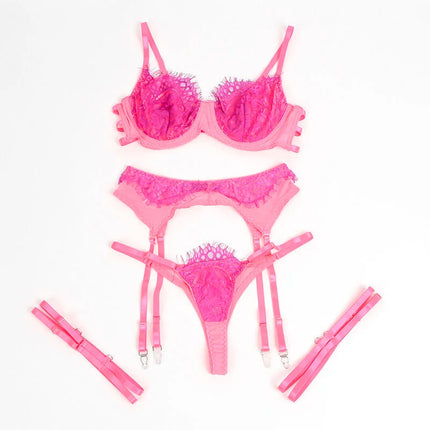 SUBBLIME - 955359 BH-SET MIT SPITZE UND STRUMPFBÄNDERN ROSA UND LILA S/M - Strumpfband Set