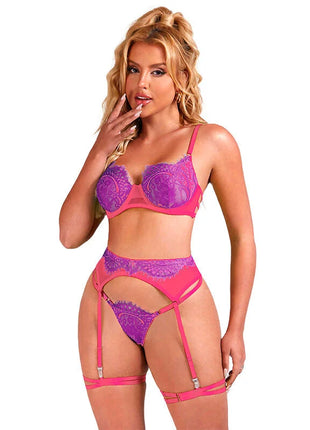 SUBBLIME - 955359 BH-SET MIT SPITZE UND STRUMPFBÄNDERN ROSA UND LILA S/M - Strumpfband Set