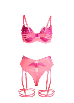 SUBBLIME - 955359 BH-SET MIT SPITZE UND STRUMPFBÄNDERN ROSA UND LILA S/M - Strumpfband Set