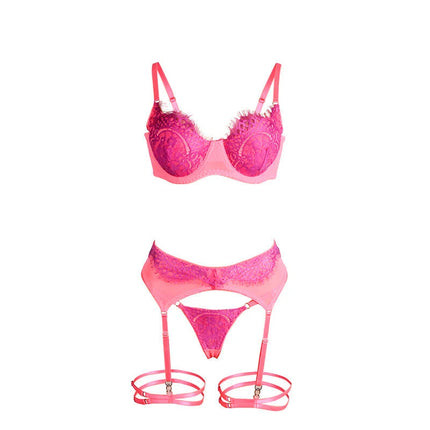 SUBBLIME - 955359 BH-SET MIT SPITZE UND STRUMPFBÄNDERN ROSA UND LILA S/M - Strumpfband Set
