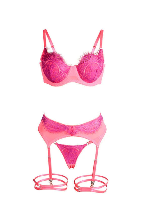 SUBBLIME - 955359 BH-SET MIT SPITZE UND STRUMPFBÄNDERN ROSA UND LILA S/M - Strumpfband Set
