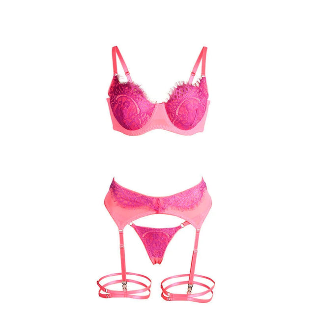 SUBBLIME - 955359 BH-SET MIT SPITZE UND STRUMPFBÄNDERN ROSA UND LILA S/M - Strumpfband Set