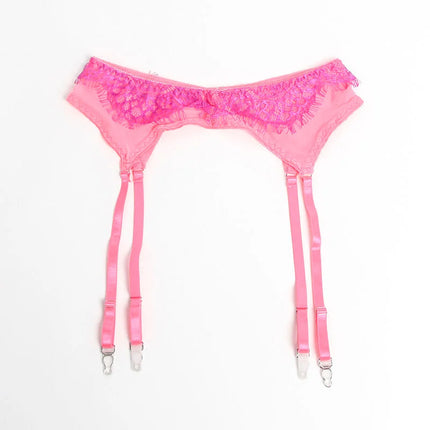 SUBBLIME - 955359 BH-SET MIT SPITZE UND STRUMPFBÄNDERN ROSA UND LILA S/M - Strumpfband Set