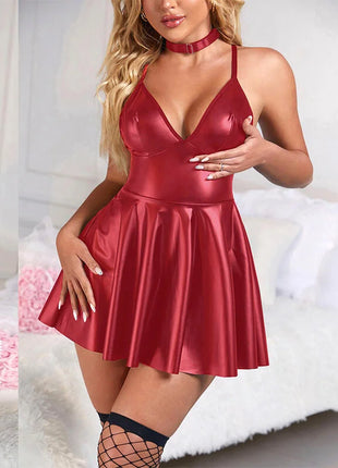 SUBBLIME - 955403 KLEID MIT BURGUNDERROTEN LEDERTRÄGERN L/XL