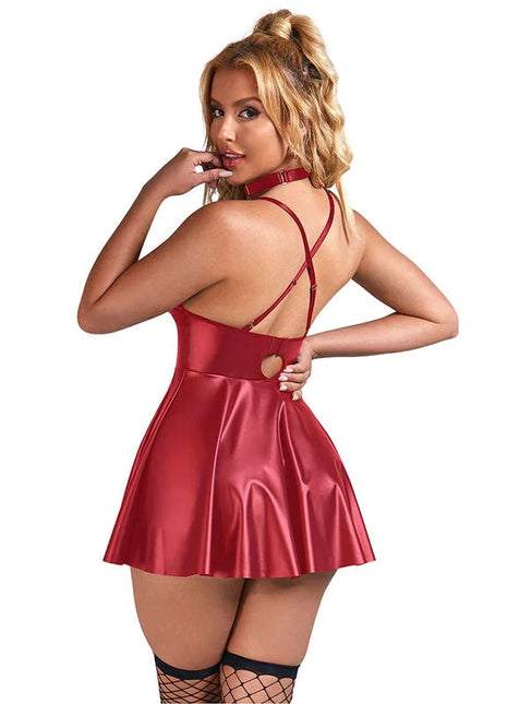 SUBBLIME - 955403 KLEID MIT BURGUNDERROTEN LEDERTRÄGERN L/XL