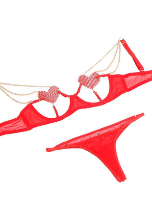 SUBBLIME - 955519 BH-SET MIT KETTEN UND MESH-HERZ ROT S/M - Sexy Dessous-Set