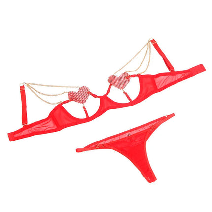 SUBBLIME - 955519 BH-SET MIT KETTEN UND MESH-HERZ ROT S/M - Sexy Dessous-Set