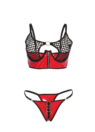 SUBBLIME - 955540 ROTES LACKLEDER-NETZ-ZIPPER-BH-SET L/XL - Sexy Dessous-Set