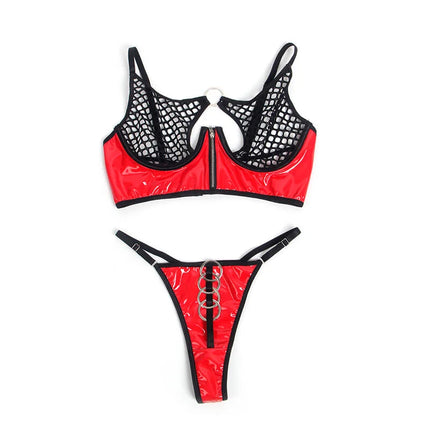 SUBBLIME - 955540 ROTES LACKLEDER-NETZ-ZIPPER-BH-SET L/XL - Sexy Dessous-Set