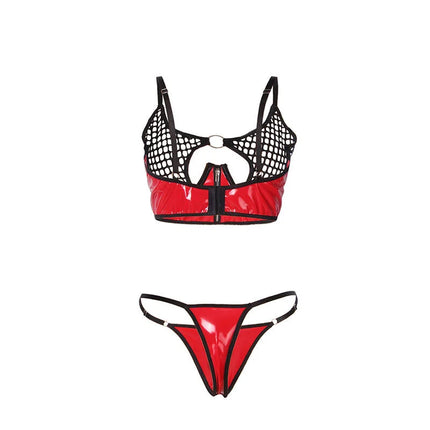 SUBBLIME - 955540 ROTES LACKLEDER-NETZ-ZIPPER-BH-SET L/XL - Sexy Dessous-Set