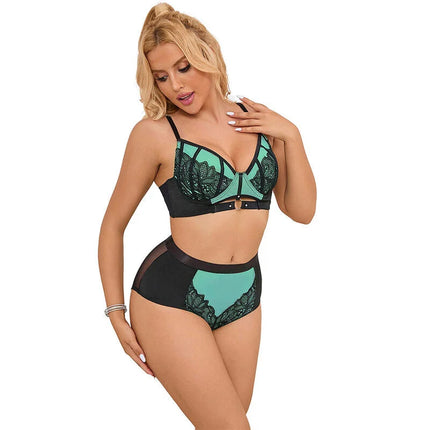 SUBBLIME - 955557 GRÜNES LACKLEDER-NETZ-ZIPPER-BH-SET S/M - Sexy Dessous-Set