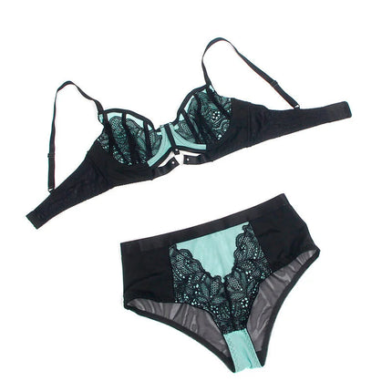 SUBBLIME - 955557 GRÜNES LACKLEDER-NETZ-ZIPPER-BH-SET S/M - Sexy Dessous-Set