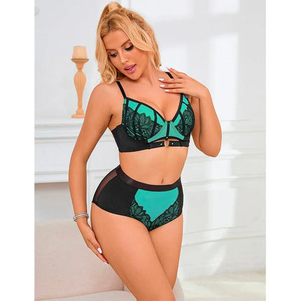 SUBBLIME - 955564 GRÜNES LACKLEDER-NETZ-ZIPPER-BH-SET L/XL - Sexy Dessous-Set